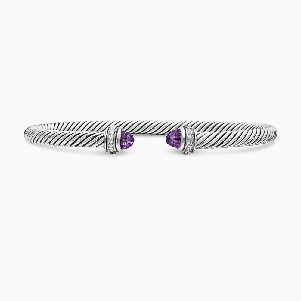 David Yurman Silver Cable Bracelet with Purple Gemstone Terminals